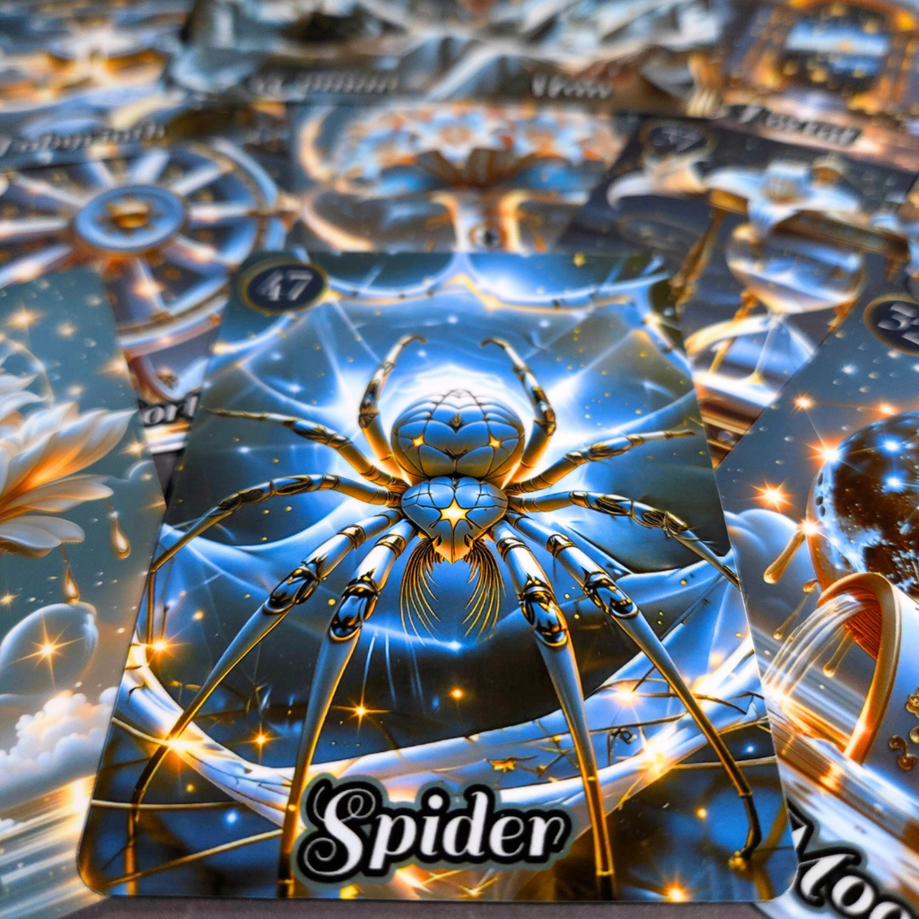 Macro detail of Star Veil Extended Lenormand Spider card 47 — gold and blue metallic spider artwork, glossy lamination finish, handmade dark oracle MardocCraft