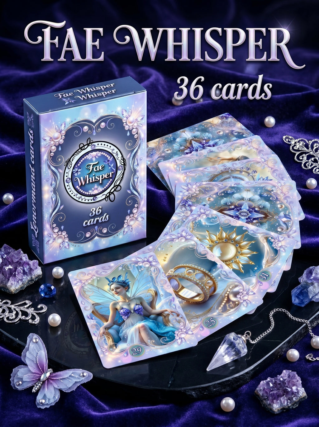 Fae Whisper Lenormand box with cards fanned beside it — Woman Ring Sun cards visible, amethyst crystals and pendulum, fairy oracle deck
