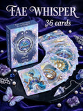 Fae Whisper Lenormand box with cards fanned beside it — Woman Ring Sun cards visible, amethyst crystals and pendulum, fairy oracle deck