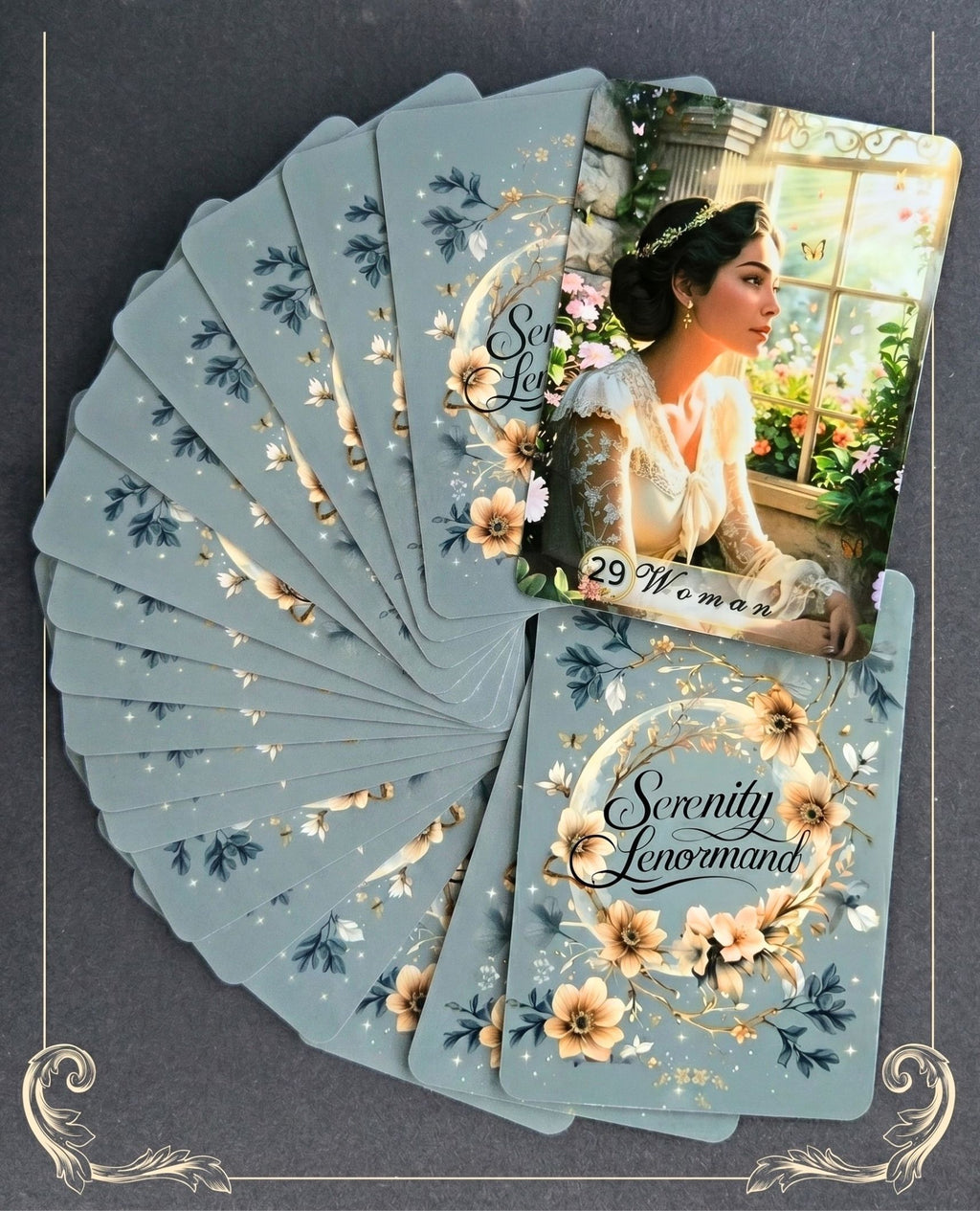A fan-spread of Serenity Lenormand cards showcasing the intricate back design with a floral wreath and elegant typography on a teal background. Top card reveals the "Woman" illustration. High-quality indie oracle deck by MardocCraft Laboratory, handmade in Ukraine.