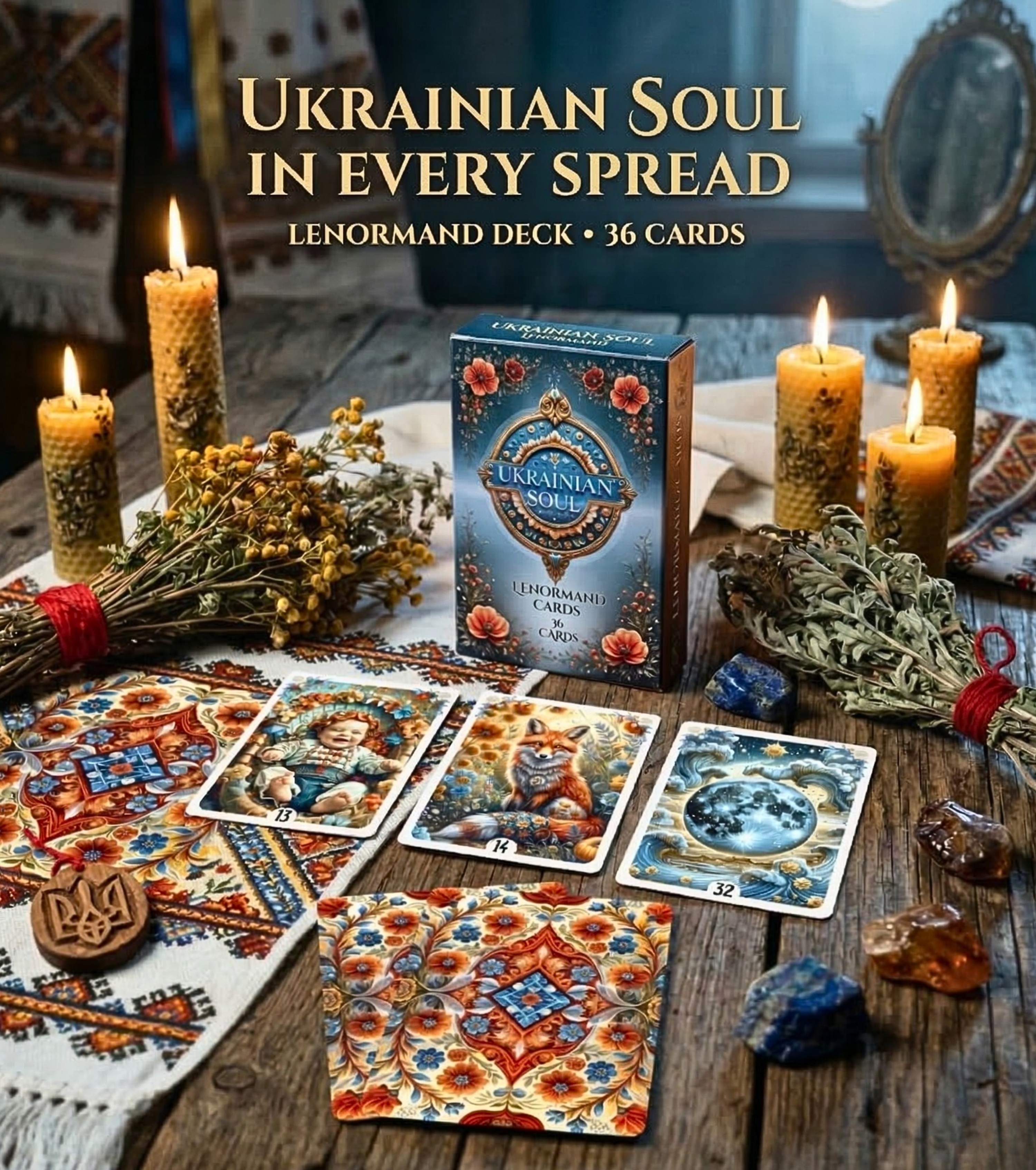 Ukrainian Soul Lenormand deck box and cards spread on embroidered folk art cloth - handmade Slavic cartomancy with Tryzub amulet, beeswax candles and crystals, MardocCraft