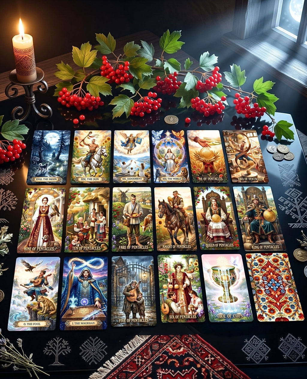 Ukrainian Soul Tarot card spread on black table with red viburnum, candle and coins showing Pentacles and Major Arcana — MardocCraft