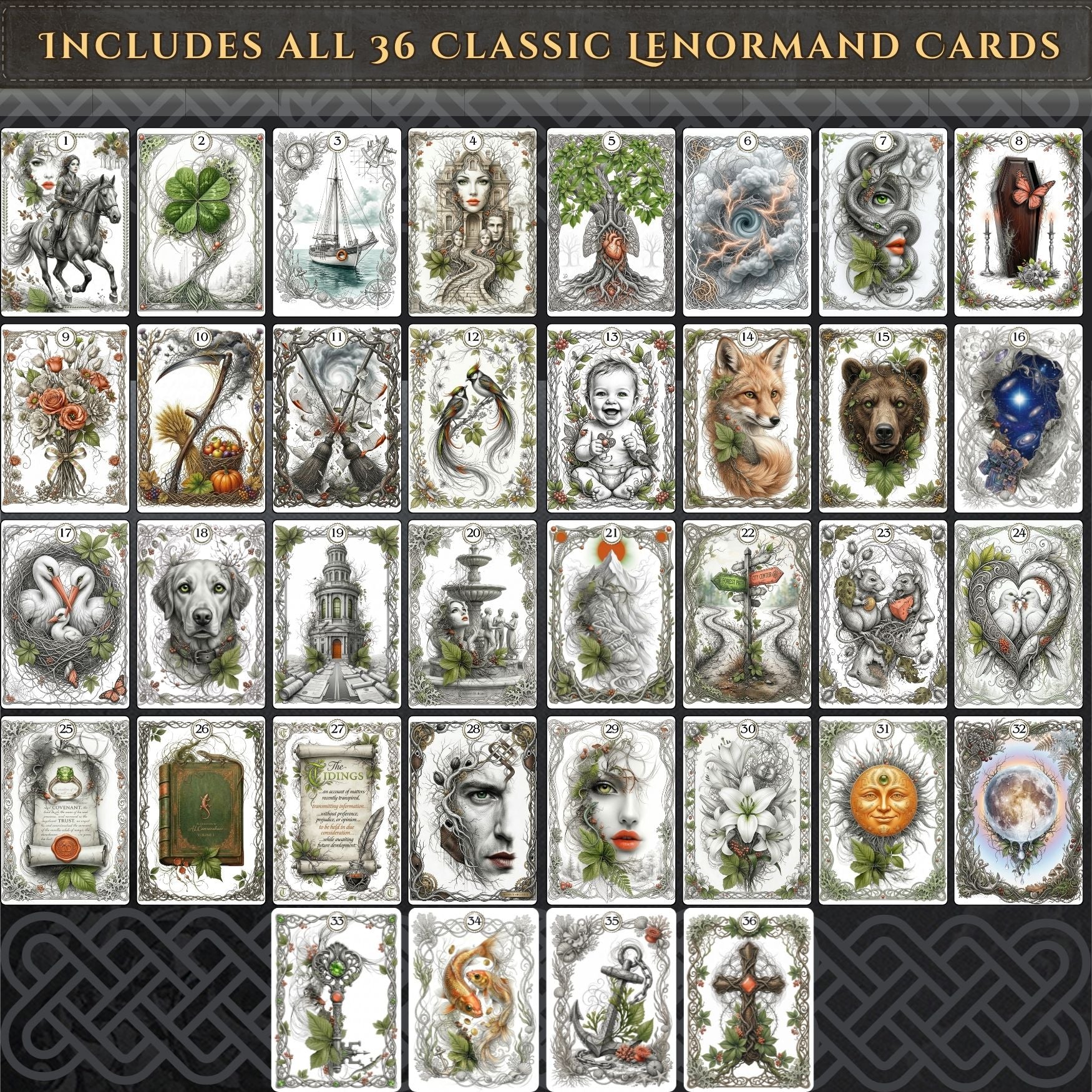 All 36 classic Lenormand cards of ANIMA Oracle for Grand Tableau — botanical pagan cartomancy, handmade plant oracle MardocCraft