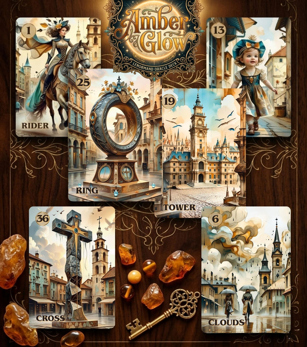 Indie cartomancy deck Rider, Ring, Tower, Child, Cross, Clouds cards on dark wood with amber stones and gold key — steampunk Lenormand MardocCraft