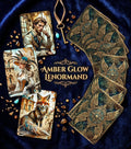 Amber Glow Lenormand Woman and Fox cards on blue velvet with gold compass back design, key and crystals — handmade steampunk deck MardocCraft