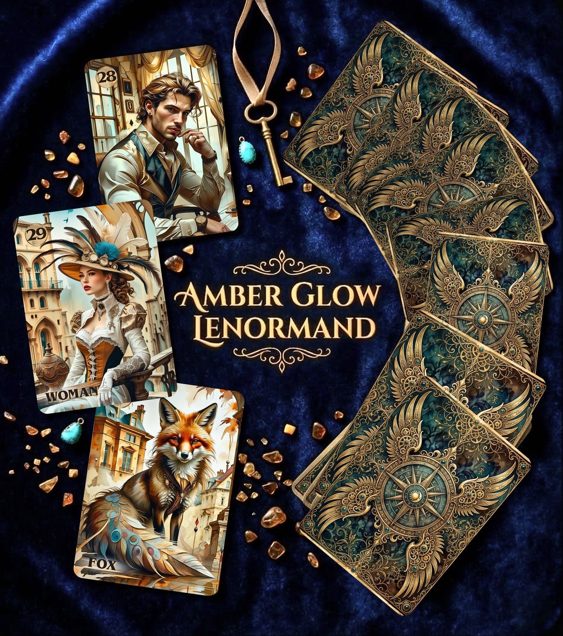 Amber Glow Lenormand Woman and Fox cards on blue velvet with gold compass back design, key and crystals — handmade steampunk deck MardocCraft