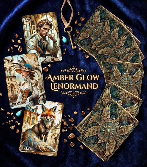 Amber Glow Lenormand Woman and Fox cards on blue velvet with gold compass back design, key and crystals — handmade steampunk deck MardocCraft