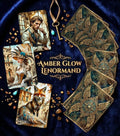 Amber Glow Lenormand Woman and Fox cards on blue velvet with gold compass back design, key and crystals — handmade steampunk deck MardocCraft