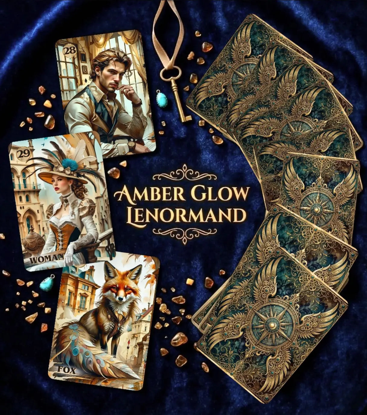 Amber Glow Lenormand Woman and Fox cards on blue velvet with gold compass back design, key and crystals — handmade steampunk deck MardocCraft