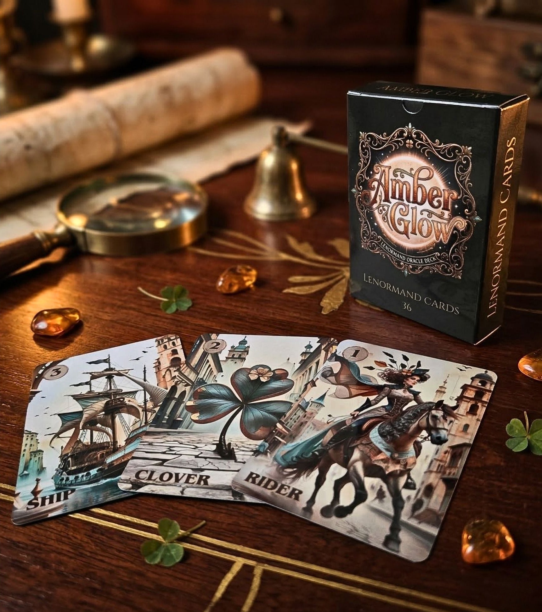 Dark academia steampunk Lenormand box with Ship, Clover, Rider cards on wooden table with magnifying glass, amber and scroll — MardocCraft