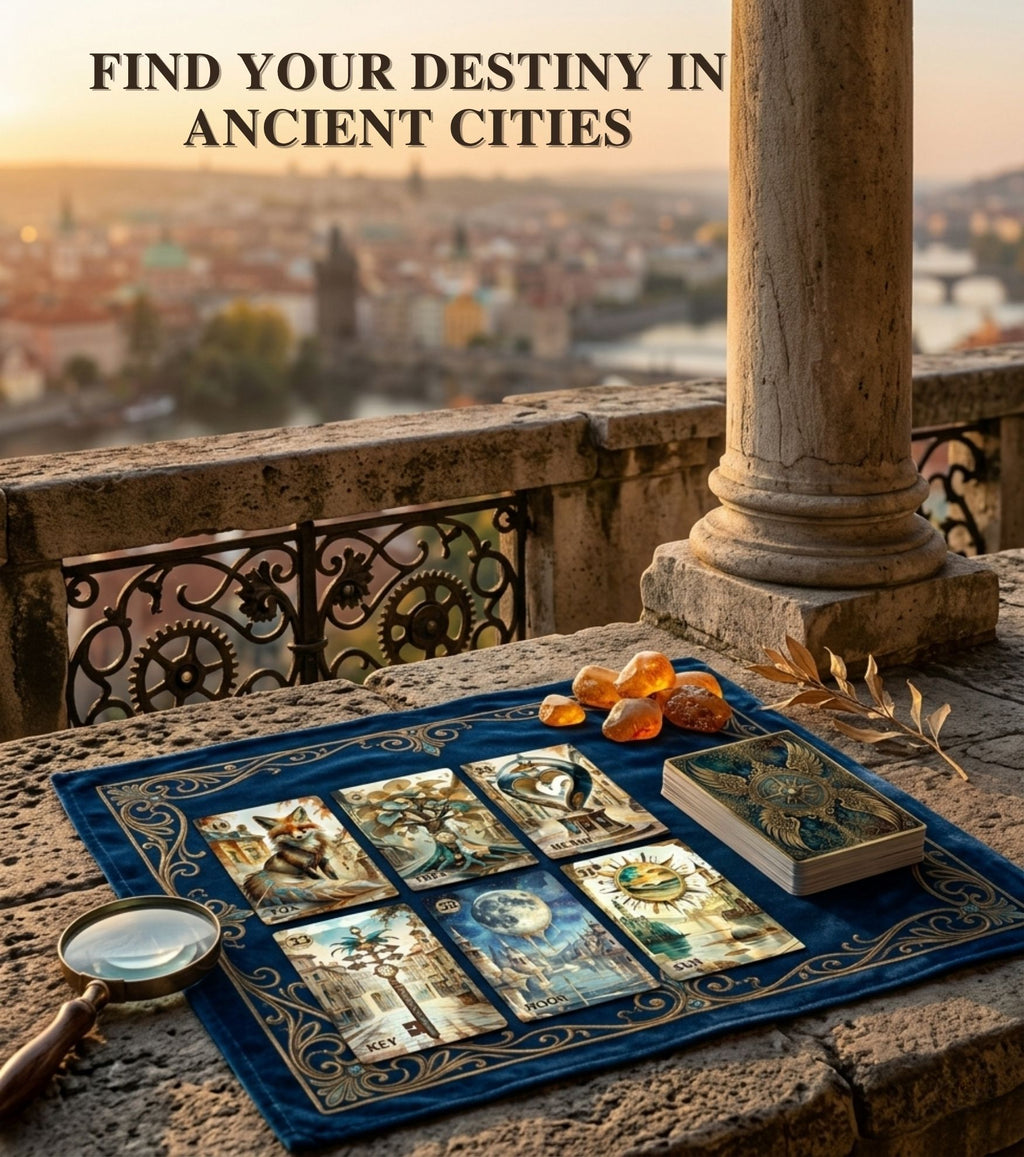 Steampunk Lenormand Fox, Key, Moon, Sun cards spread on blue cloth on ancient city terrace with amber stones and magnifying glass - MardocCraft