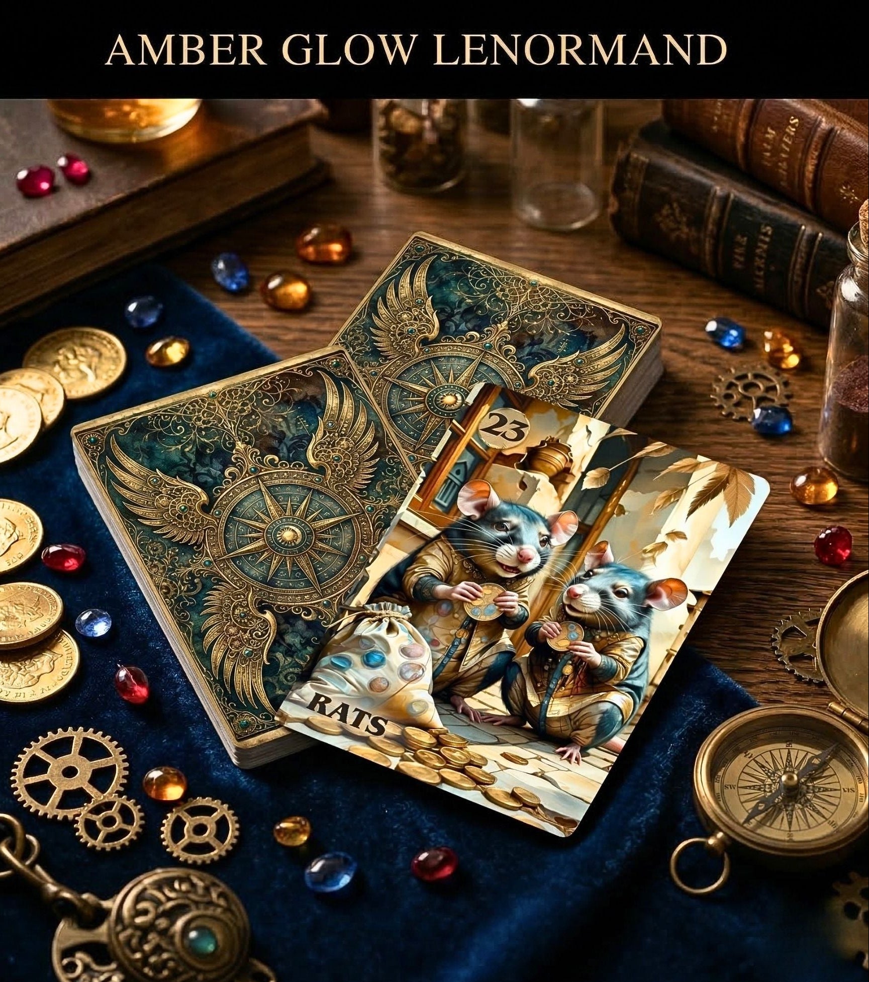 Steampunk oracle Rats card (23) with gold compass back design on blue velvet — coins, gears, gems and brass compass, MardocCraft