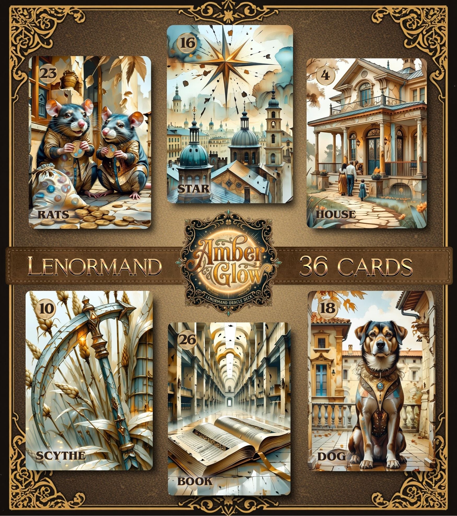 36-card steampunk Lenormand showcase with Rats, Star, House, Scythe, Book, Dog cards in gold ornamental frame — MardocCraft