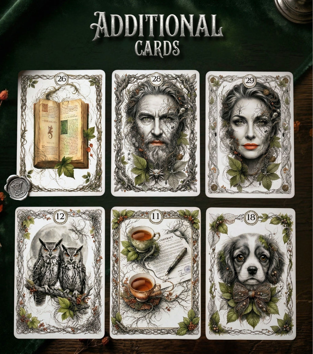 Six additional expansion cards of ANIMA Lenormand — Book, Man, Woman, Owls, Letter, Dog botanical illustrations, expanded pagan oracle MardocCraft