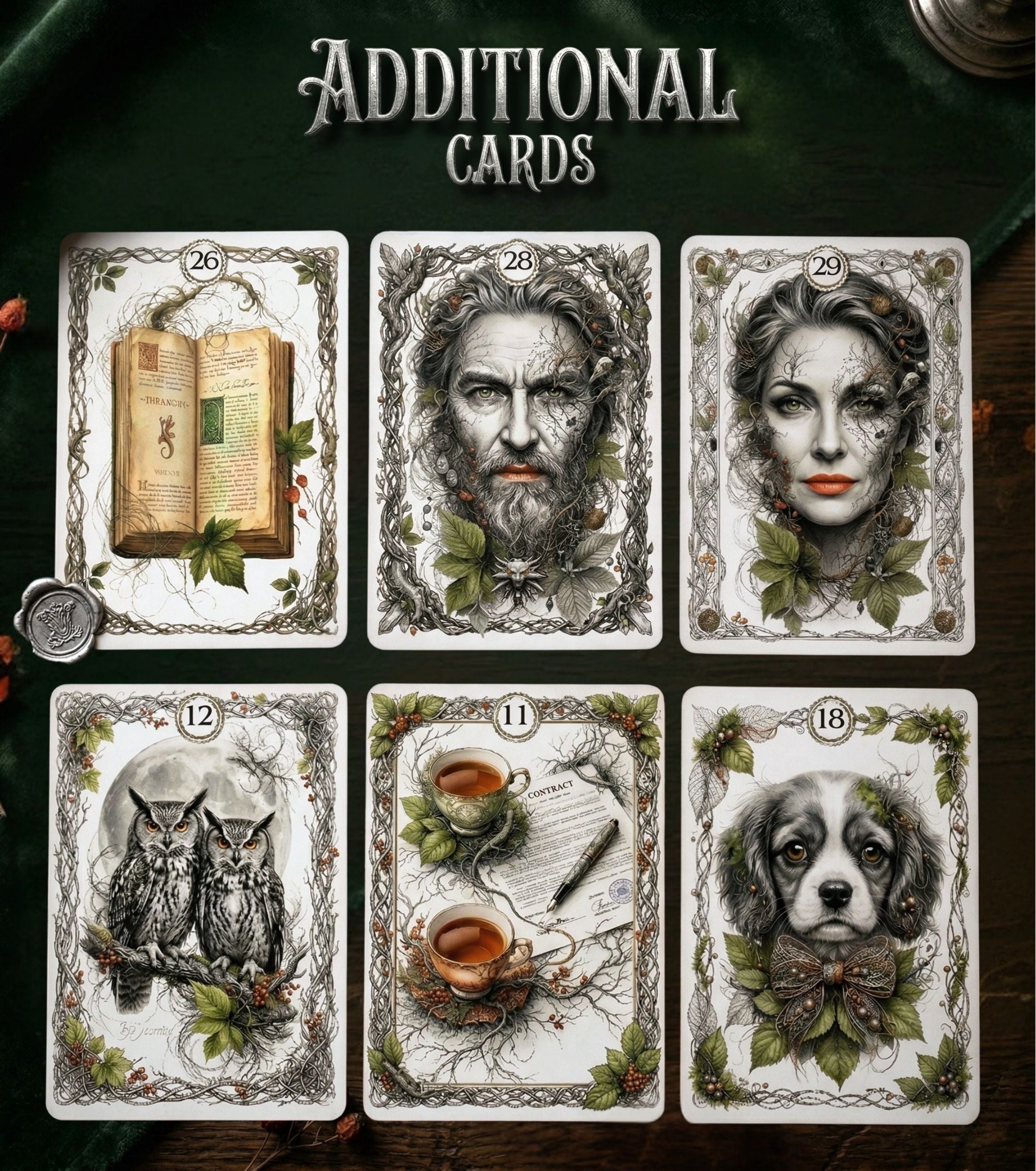 Six additional expansion cards of ANIMA Lenormand — Book, Man, Woman, Owls, Letter, Dog botanical illustrations, expanded pagan oracle MardocCraft