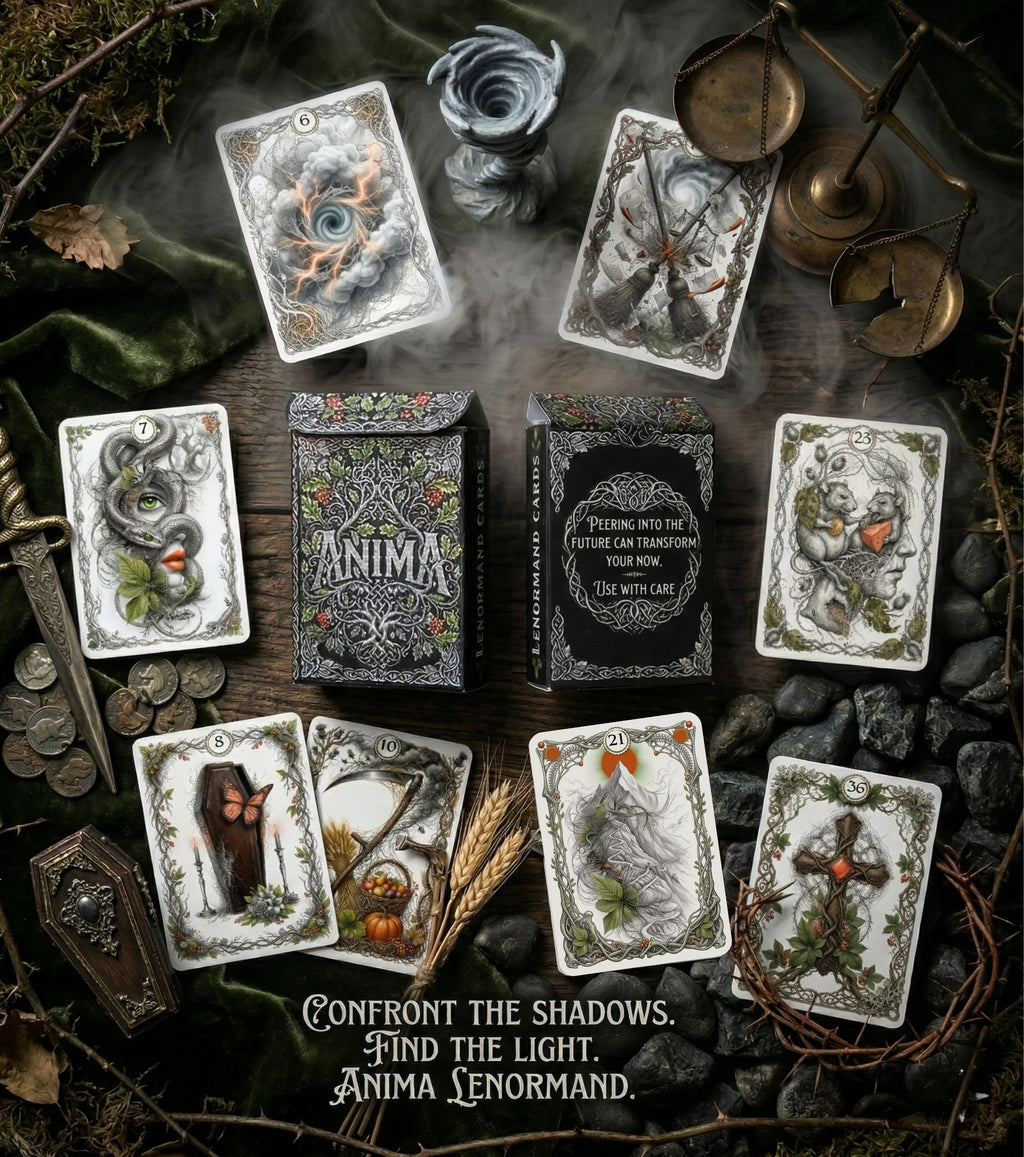 Top-down shadow work spread of ANIMA Lenormand — Snake, Coffin, Cross cards around artisan box, dark altar stones, handmade oracle MardocCraft
