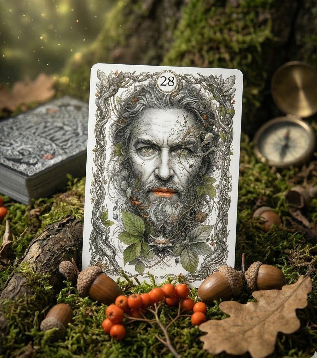Forest altar with ANIMA Lenormand Man card 28 — moss, acorns, rowan berries and oak leaf, botanical pagan oracle MardocCraft