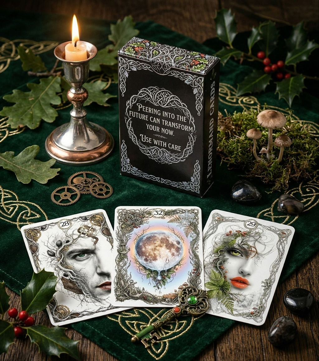 Handmade artisan box of ANIMA Lenormand with Man, Moon, Woman cards — celtic velvet, oak leaves, mushrooms, pagan botanical oracle MardocCraft