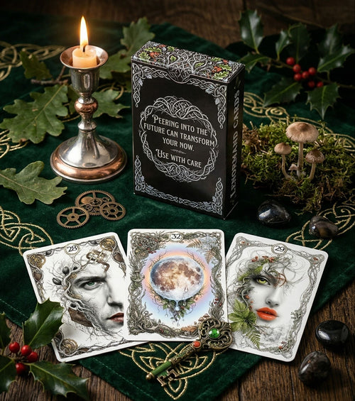 Handmade artisan box of ANIMA Lenormand with Man, Moon, Woman cards — celtic velvet, oak leaves, mushrooms, pagan botanical oracle MardocCraft