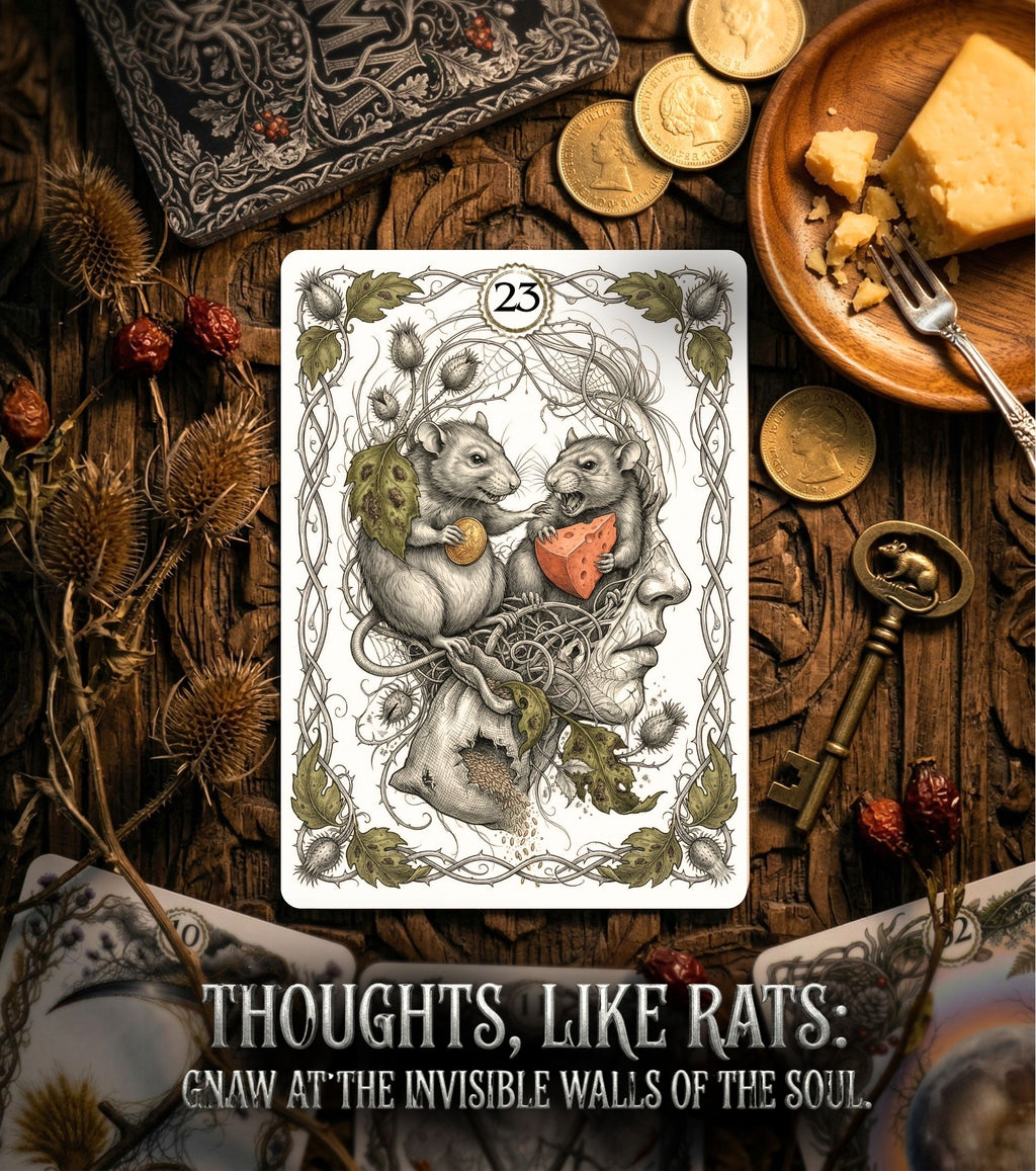 Rustic wood altar with ANIMA Lenormand Rats card 23 — coins, cheese, vintage key and thistles, botanical shadow work oracle MardocCraft