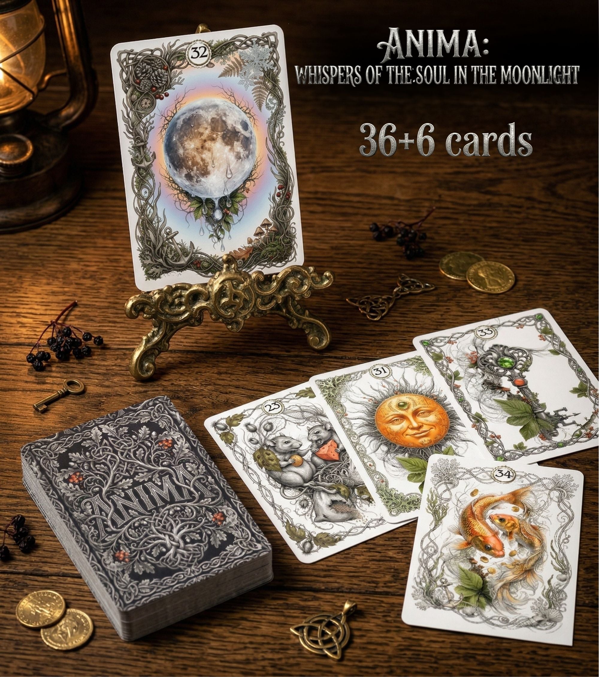 Moonlit setting with ANIMA Lenormand Moon card on brass stand — Rats, Sun, Fish cards, coins and key, pagan botanical oracle MardocCraft