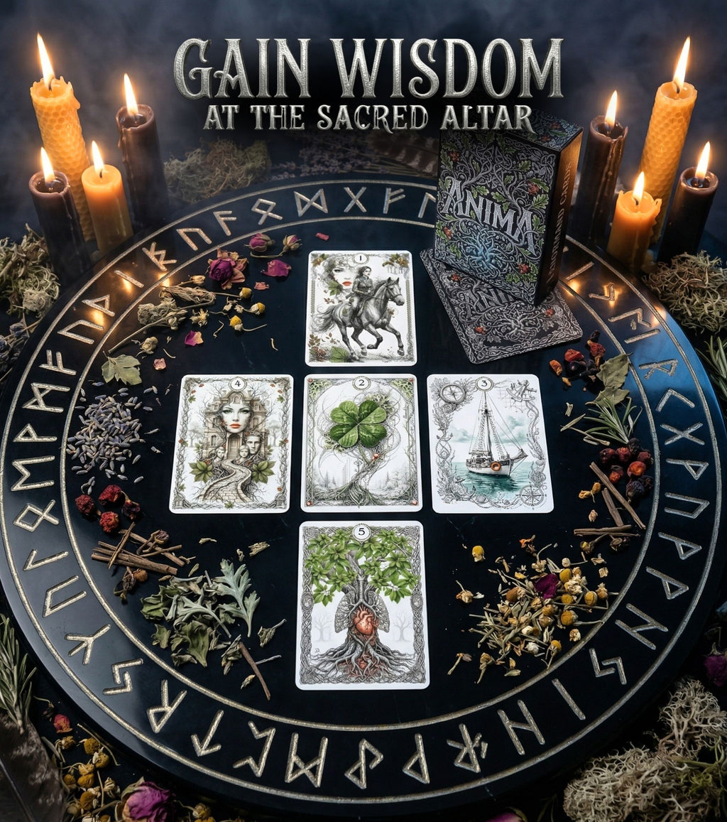 Cross spread of ANIMA Lenormand on rune altar — Rider, Clover, Ship, House, Tree cards, lit candles and dried herbs, pagan cartomancy MardocCraft
