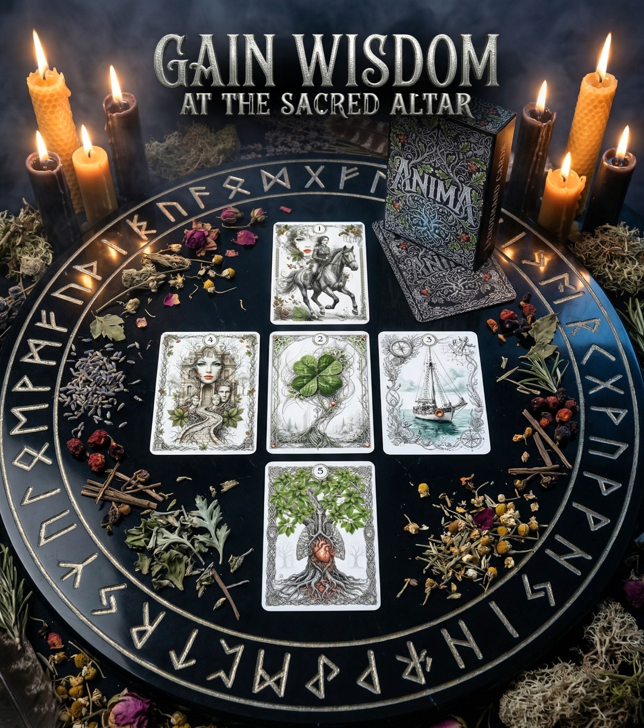 Cross spread of ANIMA Lenormand on rune altar — Rider, Clover, Ship, House, Tree cards, lit candles and dried herbs, pagan cartomancy MardocCraft
