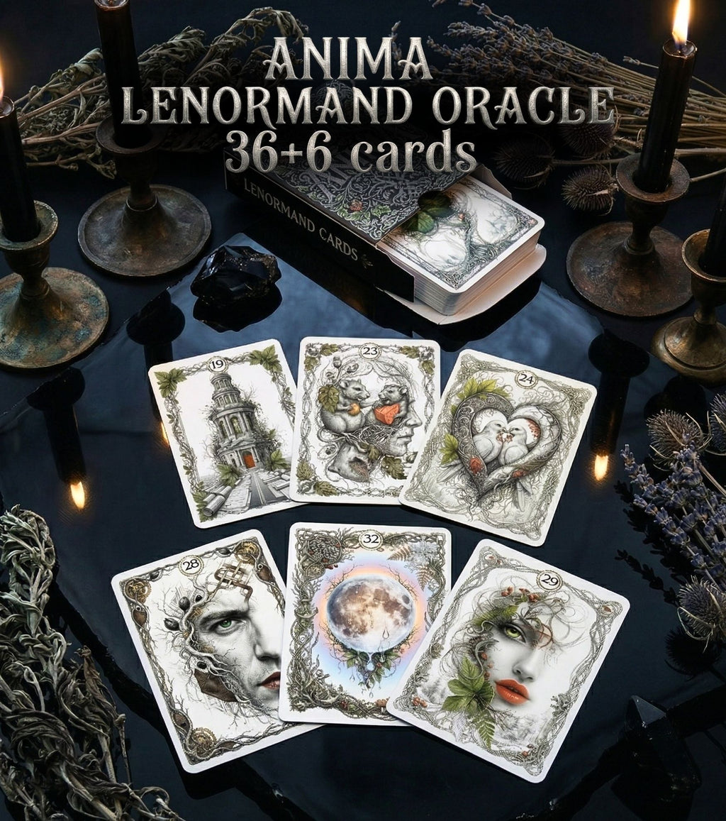 ANIMA Lenormand Oracle 42 botanical cards — pagan altar setting with candles and dried herbs, handmade plant oracle MardocCraft