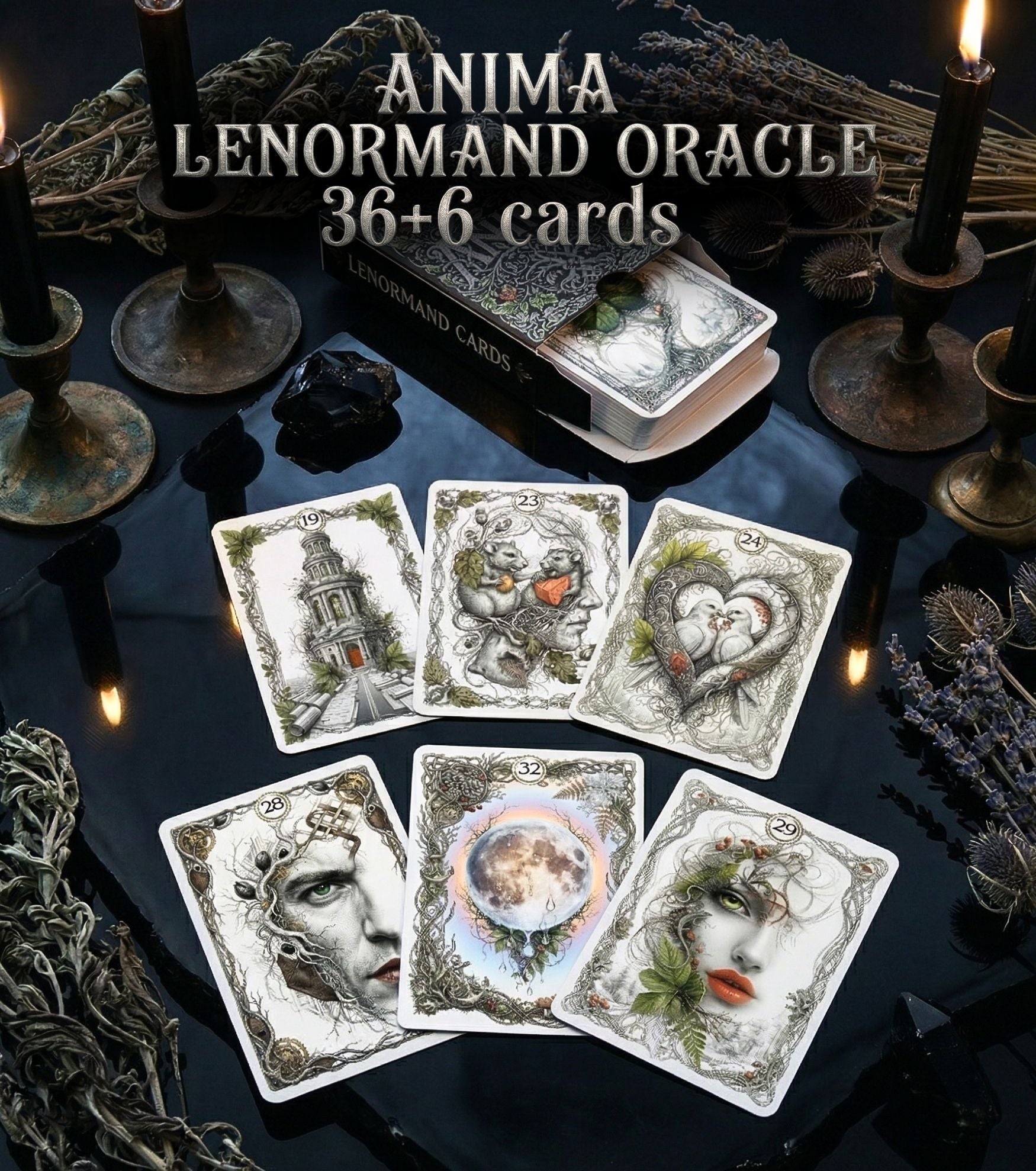 ANIMA Lenormand Oracle 42 botanical cards — pagan altar setting with candles and dried herbs, handmade plant oracle MardocCraft