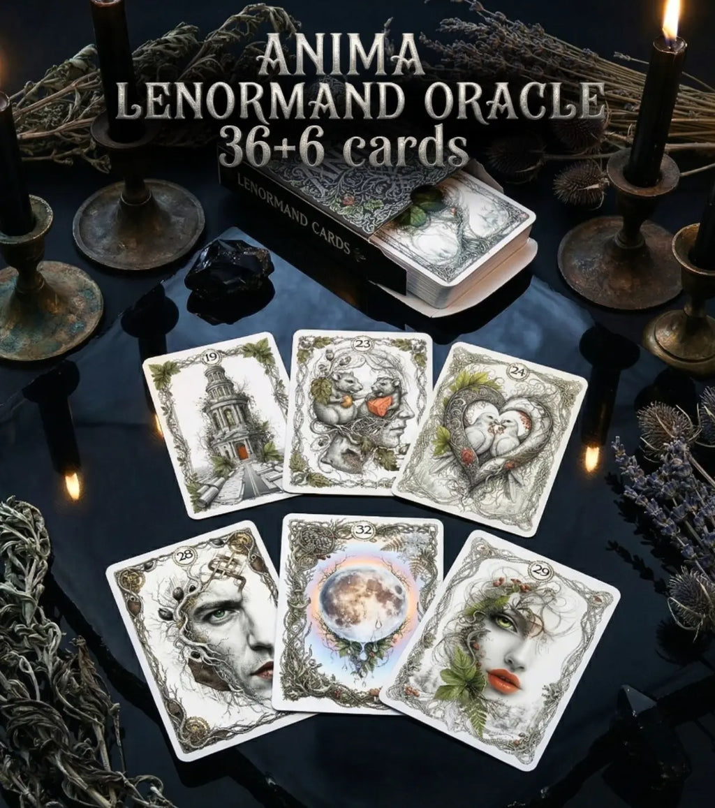 ANIMA Lenormand Oracle 42 botanical cards — pagan altar setting with candles and dried herbs, handmade plant oracle MardocCraft