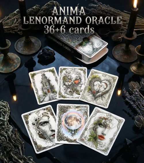 ANIMA Lenormand Oracle 42 botanical cards — pagan altar setting with candles and dried herbs, handmade plant oracle MardocCraft