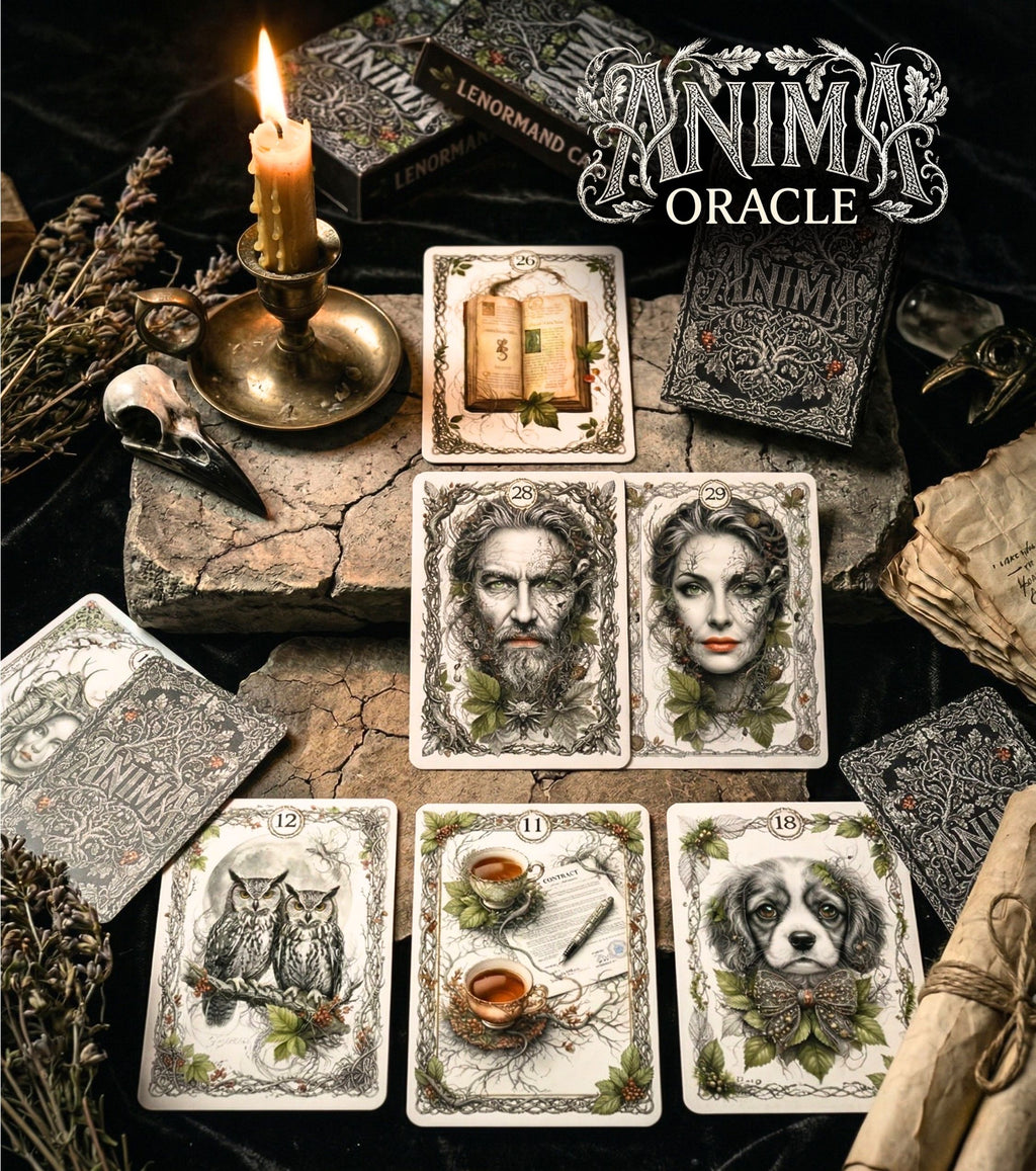 Stone altar with ANIMA Lenormand additional cards — Man, Woman, Book, Owls, Brooms, Dog, bird skull and candle, expanded pagan oracle MardocCraft