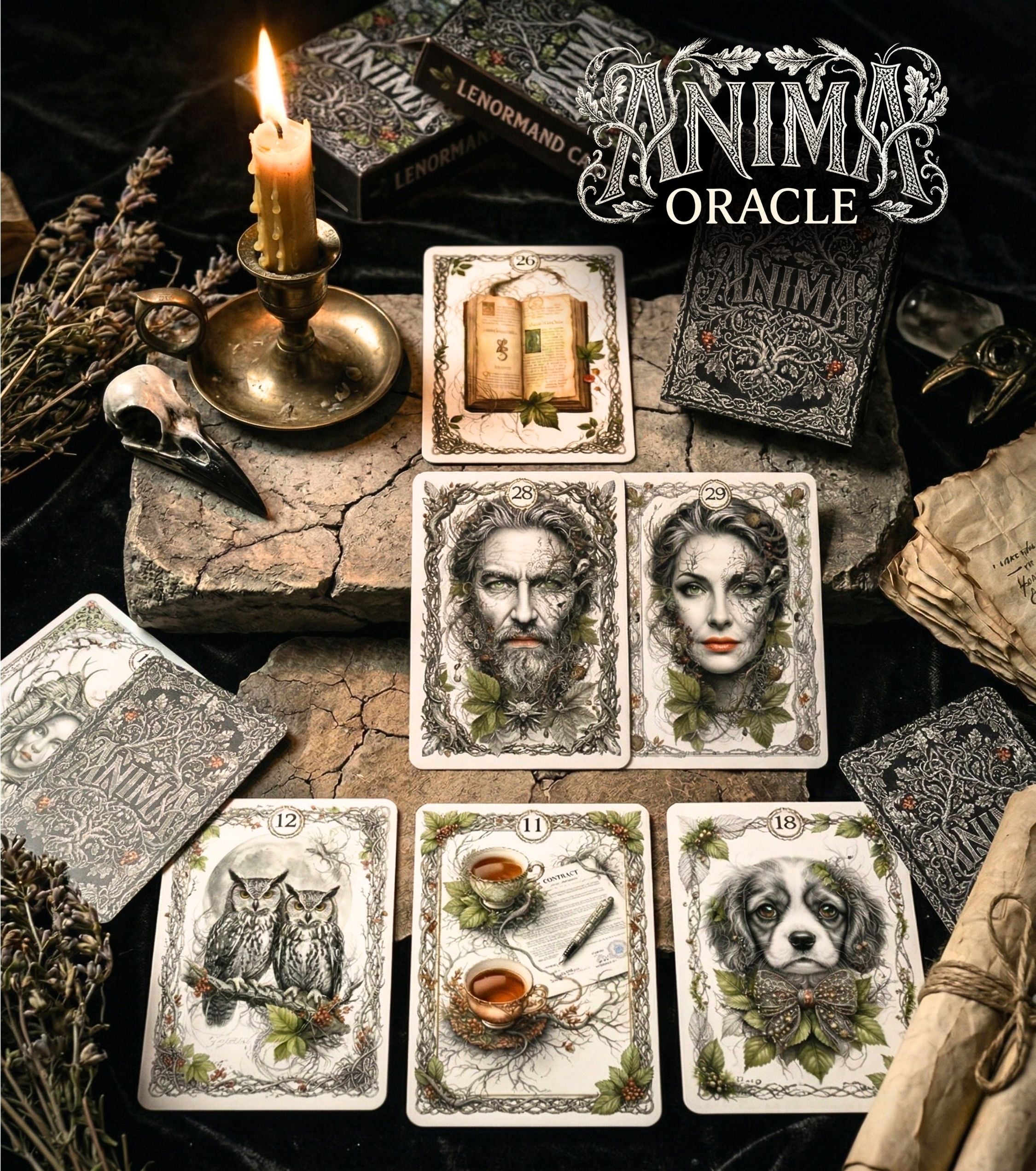 Stone altar with ANIMA Lenormand additional cards — Man, Woman, Book, Owls, Brooms, Dog, bird skull and candle, expanded pagan oracle MardocCraft