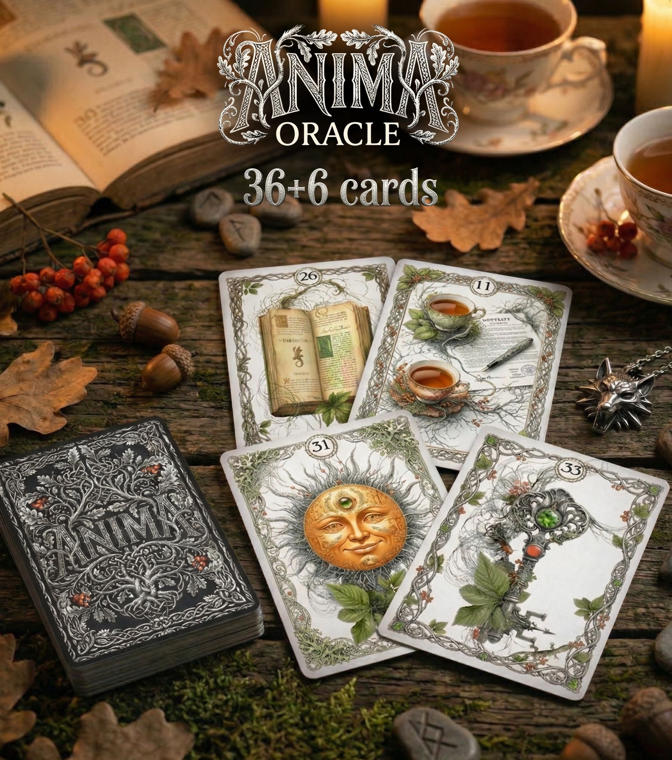 Rustic wood table with ANIMA Lenormand Book, Whip, Sun, Key cards — tea cup, acorns, rune stones and wolf pendant, botanical oracle MardocCraft