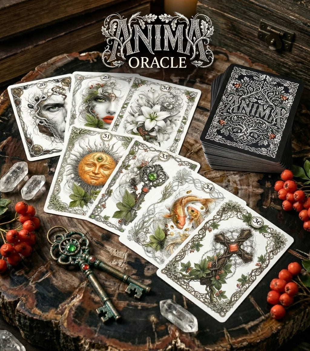 Botanical card spread of ANIMA Lenormand on wood altar — rowan berries, quartz crystals, vintage keys, handmade plant oracle MardocCraft