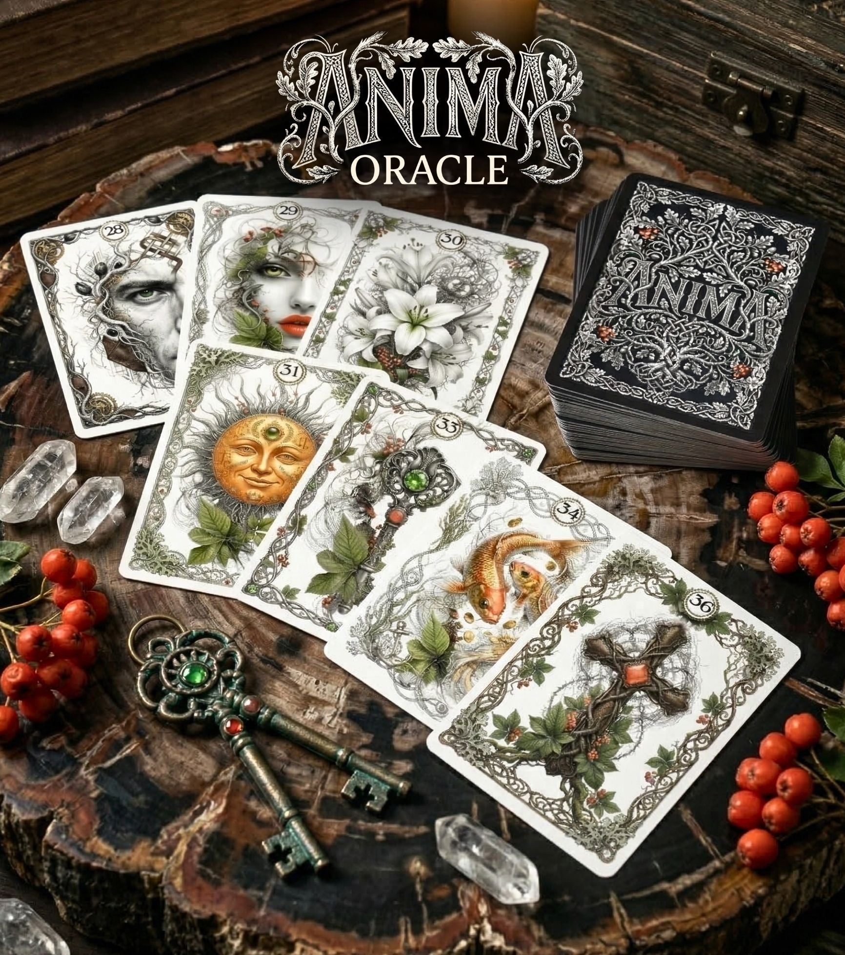 Botanical card spread of ANIMA Lenormand on wood altar — rowan berries, quartz crystals, vintage keys, handmade plant oracle MardocCraft