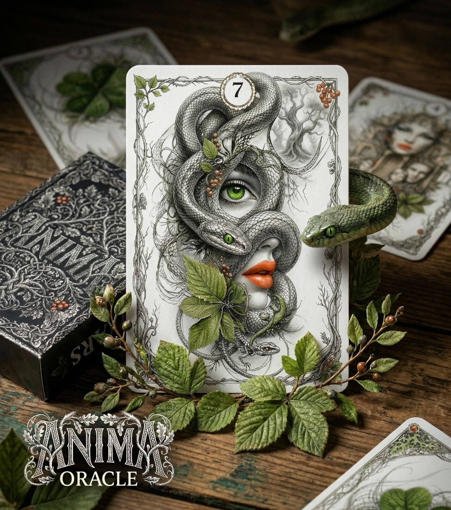 Close-up of ANIMA Lenormand Snake card — botanical pagan illustration with snake and female face, handmade plant oracle MardocCraft