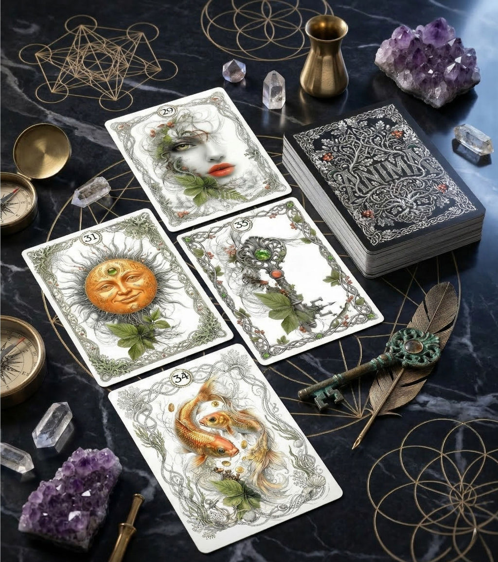 Black marble altar with ANIMA Lenormand Woman, Sun, Fish, Key cards — golden sacred geometry, amethyst and quartz crystals, botanical oracle MardocCraft