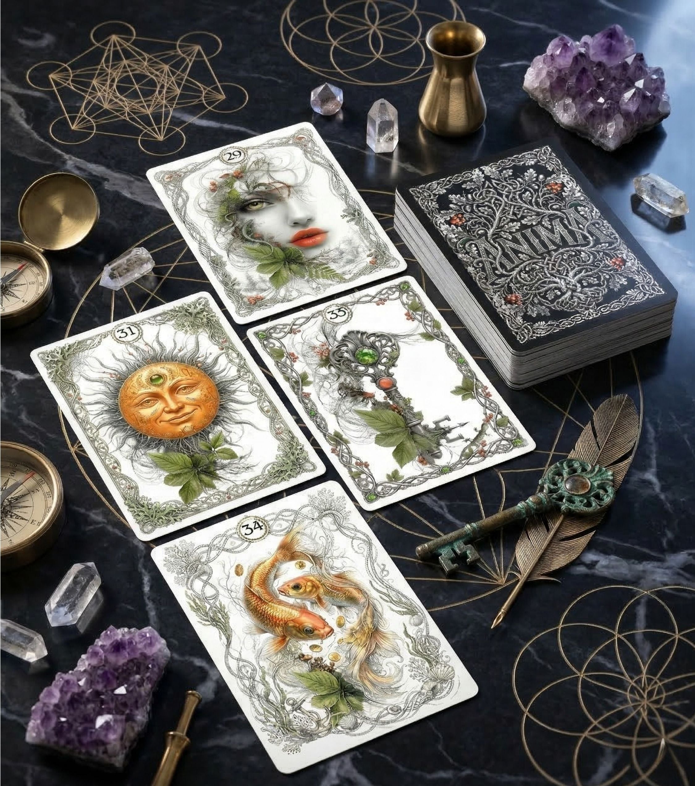 Black marble altar with ANIMA Lenormand Woman, Sun, Fish, Key cards — golden sacred geometry, amethyst and quartz crystals, botanical oracle MardocCraft