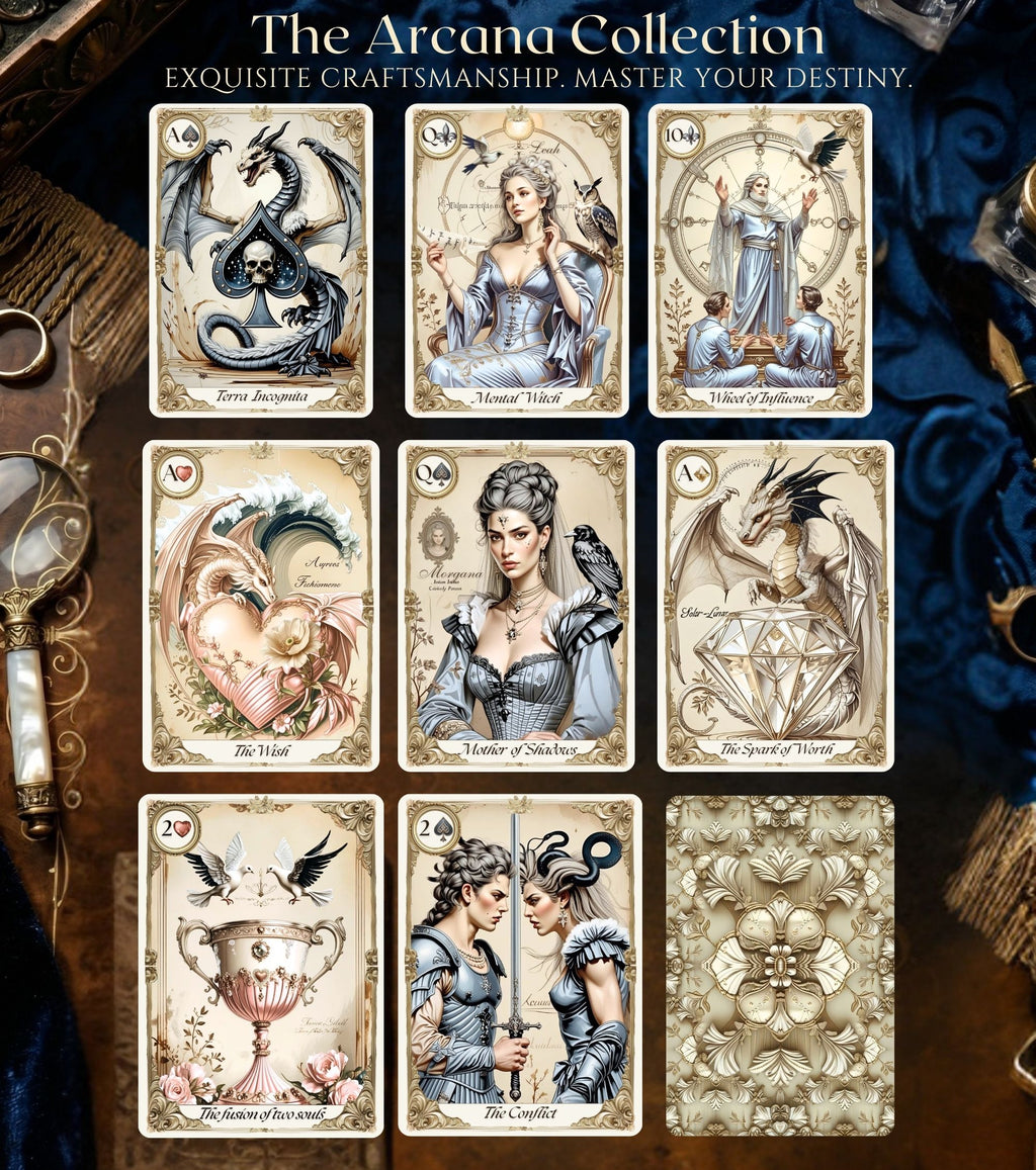 Oracle Palace of Secrets Arcana Collection — 9 fortune telling playing cards grid on dark velvet with card back, gothic baroque illustrations detail
