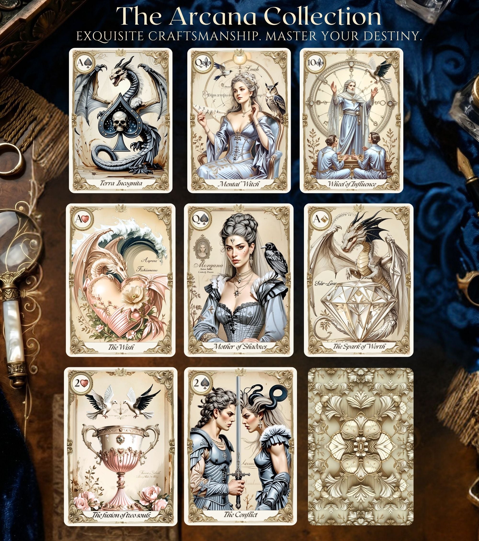 Oracle Palace of Secrets Arcana Collection — 9 fortune telling playing cards grid on dark velvet with card back, gothic baroque illustrations detail