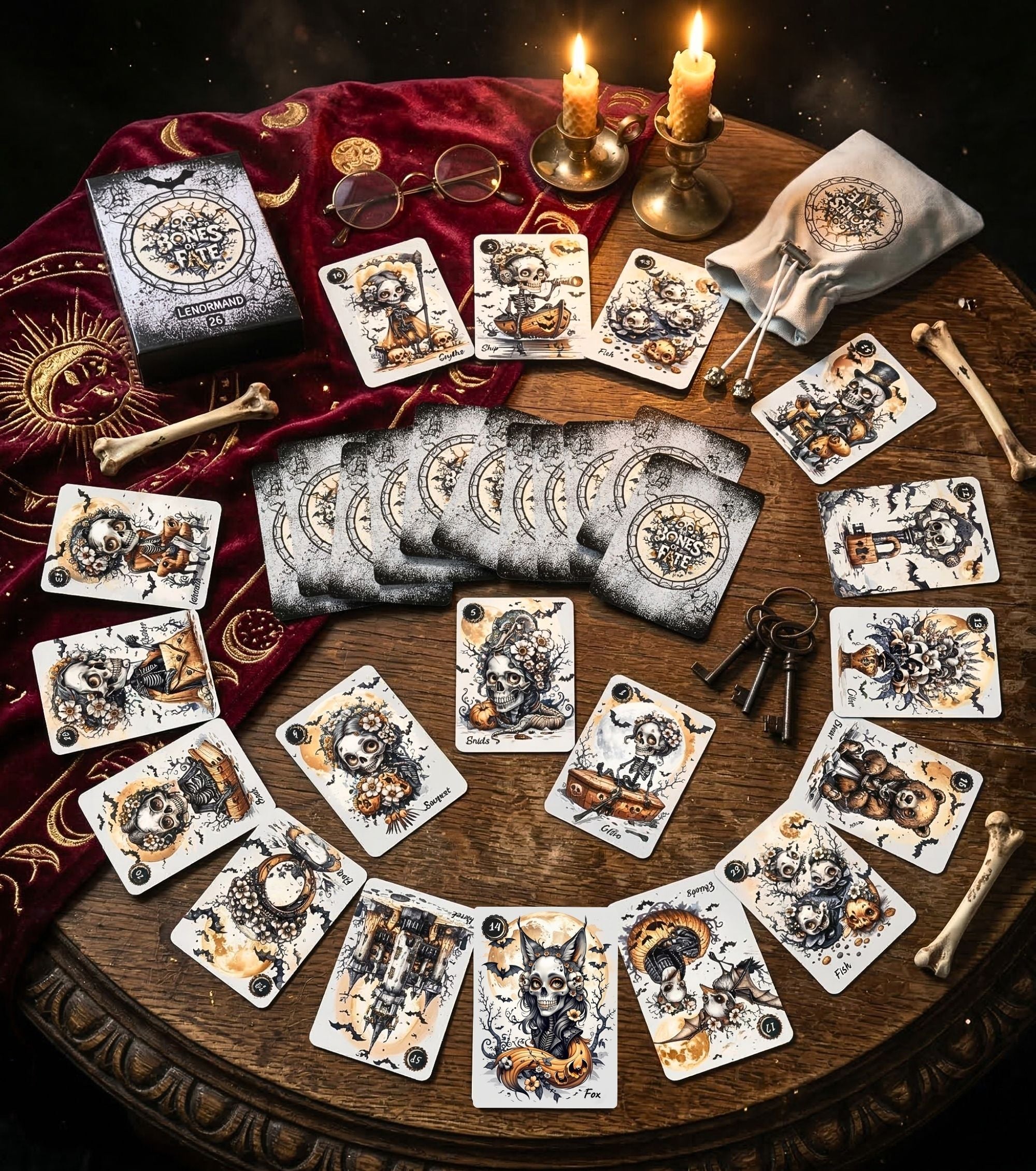 Bones of Fate gothic Lenormand cards arranged in circle on wooden table with box, fabric pouch, candles and skeleton bones — handmade oracle MardocCraft