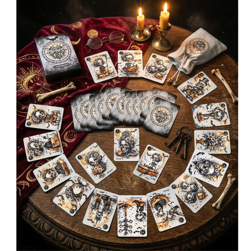 Top-down view of the Bones of Fate esoteric card set spread in a large circle on an antique wooden table. The dark aesthetic deck features detailed skull and skeleton illustrations. The divination scene is warmly lit by two beeswax candles in brass holders, surrounded by a burgundy velvet cloth with gold details, vintage glasses, and antique skeleton keys