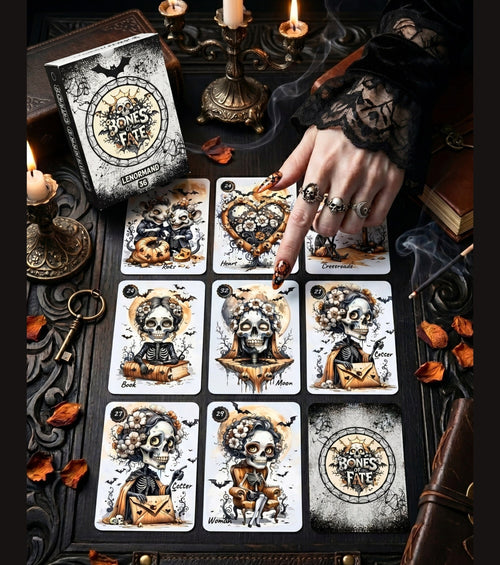 Bones of Fate gothic Lenormand 9-card reading spread — Rats, Heart, Crossroads, Book, Moon, Letter, Woman on dark altar with candles and antique keys