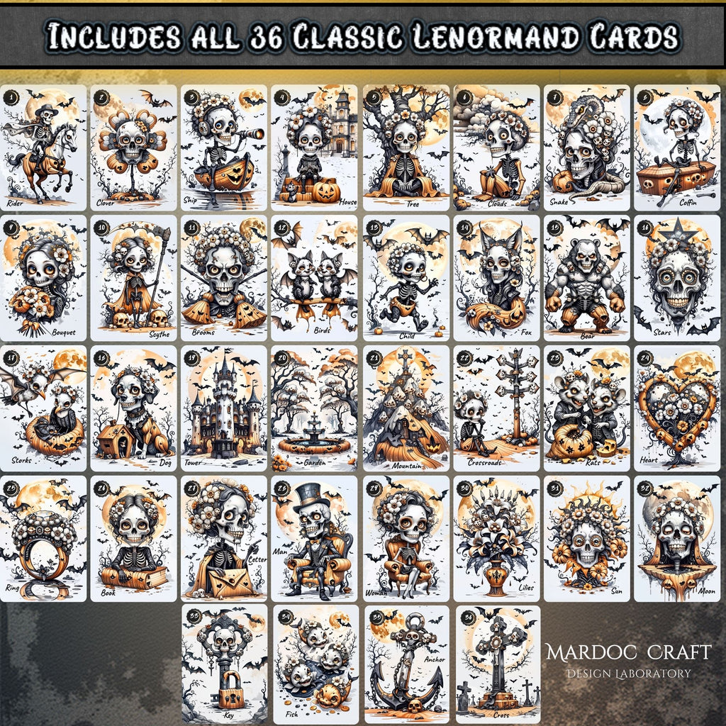 Bones of Fate all 36 classic Lenormand cards in Grand Tableau layout — gothic skeleton illustrations complete deck overview, MardocCraft