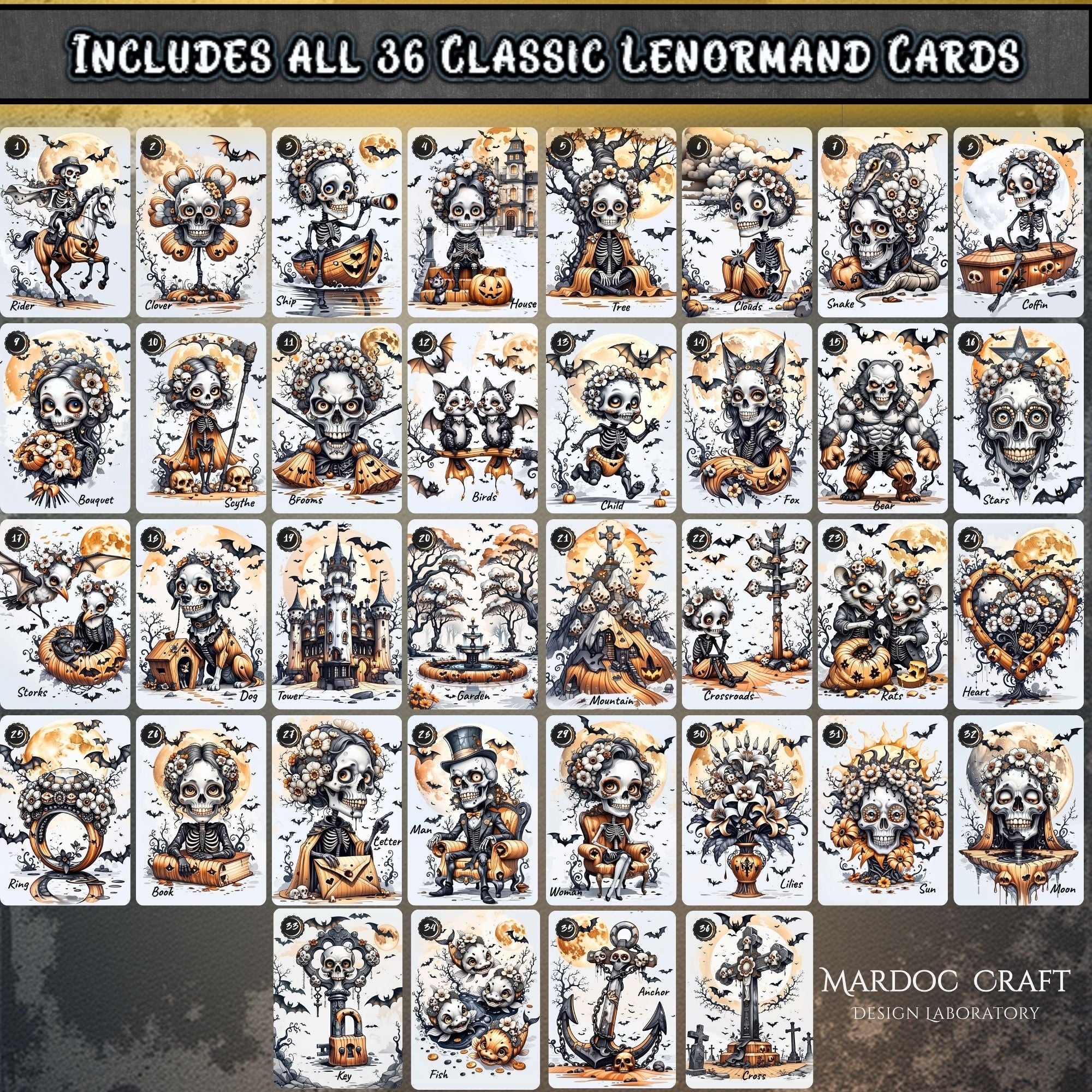 Bones of Fate all 36 classic Lenormand cards in Grand Tableau layout — gothic skeleton illustrations complete deck overview, MardocCraft