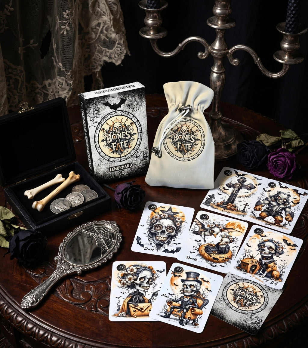 Bones of Fate gothic Lenormand box and pouch with Stars, Cross, Bear, Storks, Letter, Man, Dog cards — antique mirror, black roses and bones flatlay