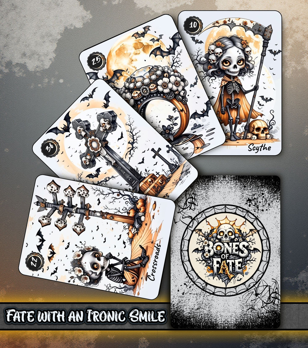 Bones of Fate gothic Lenormand cards Ring, Cross, Scythe, Crossroads and card back — dark skeleton oracle cartomancy spread