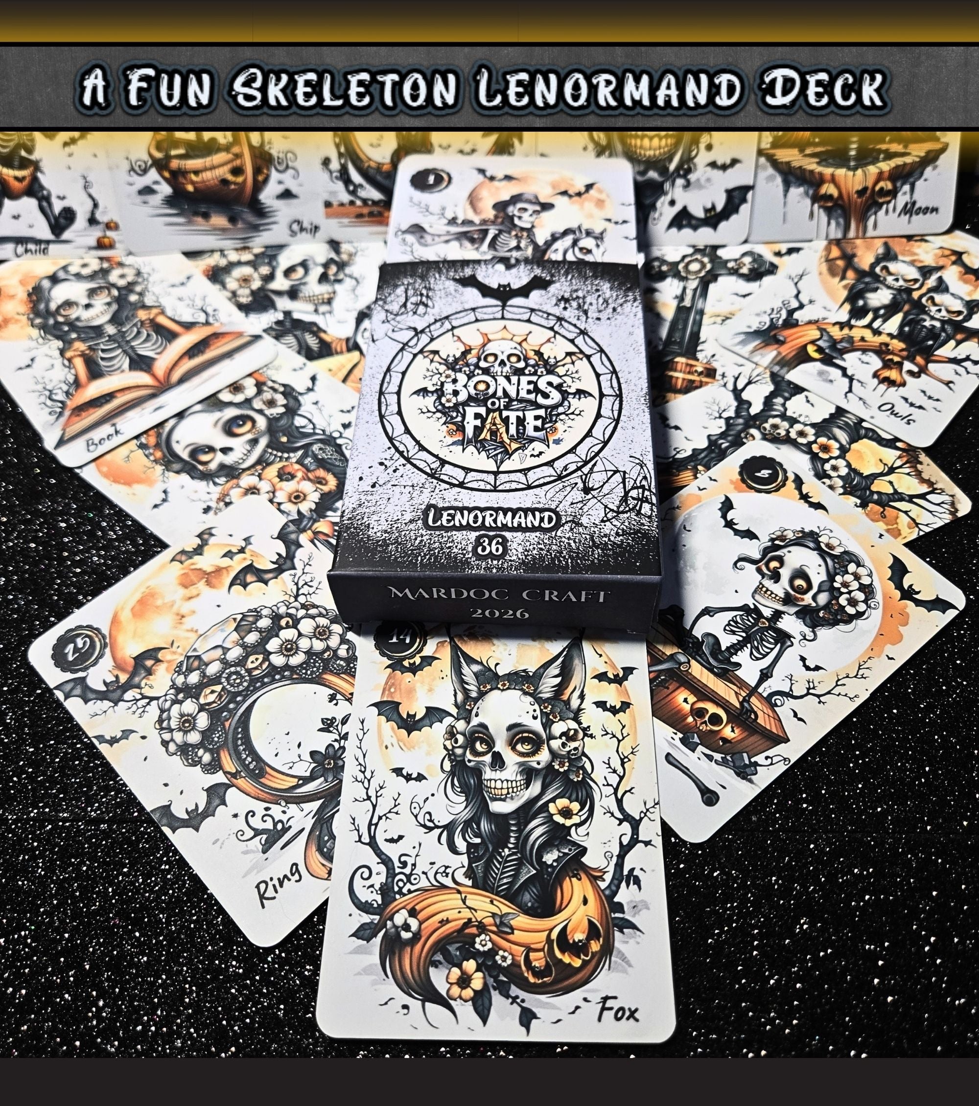 Bones of Fate gothic Lenormand deck box surrounded by skeleton cards fan — Fox, Ring, Book, Moon, Owls visible, MardocCraft 2026