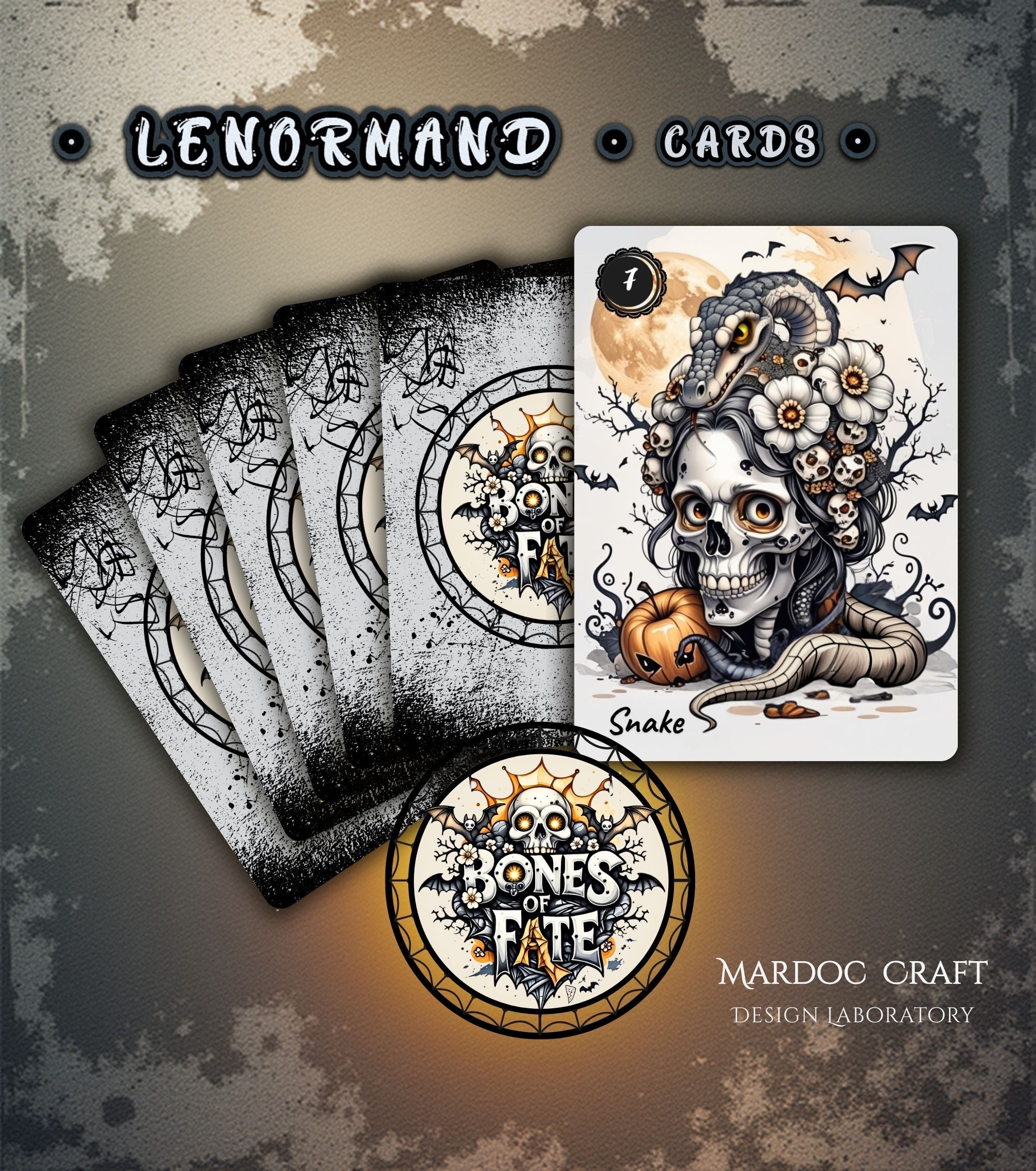 Bones of Fate gothic Lenormand Snake card close-up with deck fan showing card backs - skeleton skull illustration with pumpkin